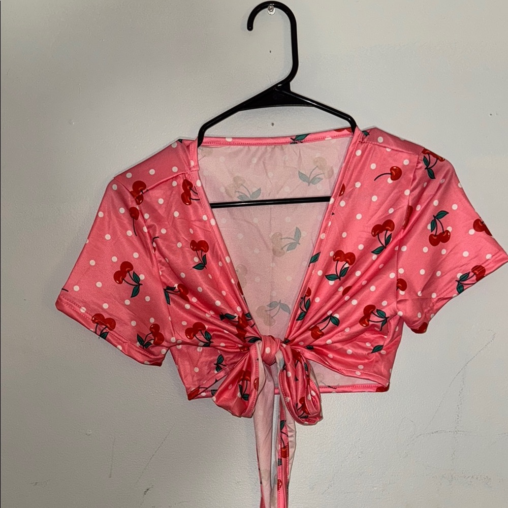 SHEIN Pink Short Sleeve Crop Tie Front Blouse